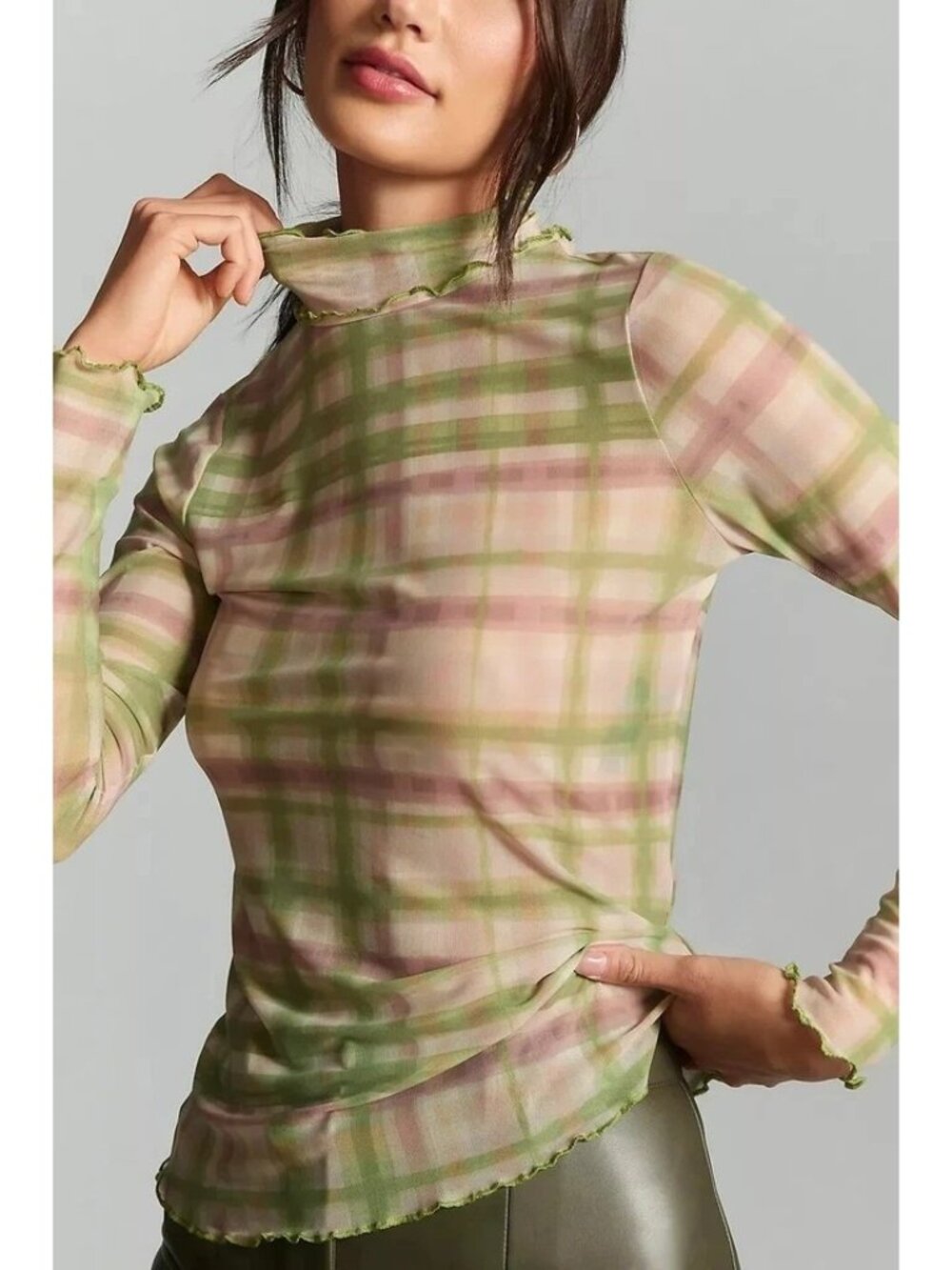 Pilcro Green and Pink Plaid Sheer Mock Neck Top
